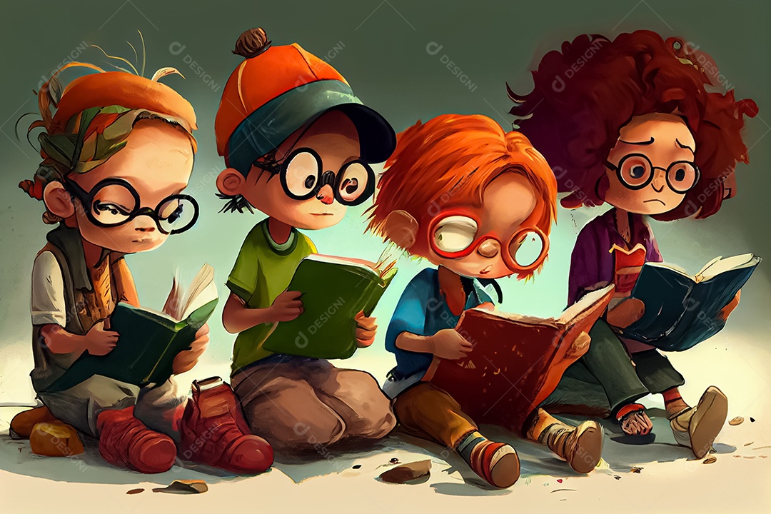 Criança de desenho animado lendo um livro na cama O Dia Mundial do Livro adora ler