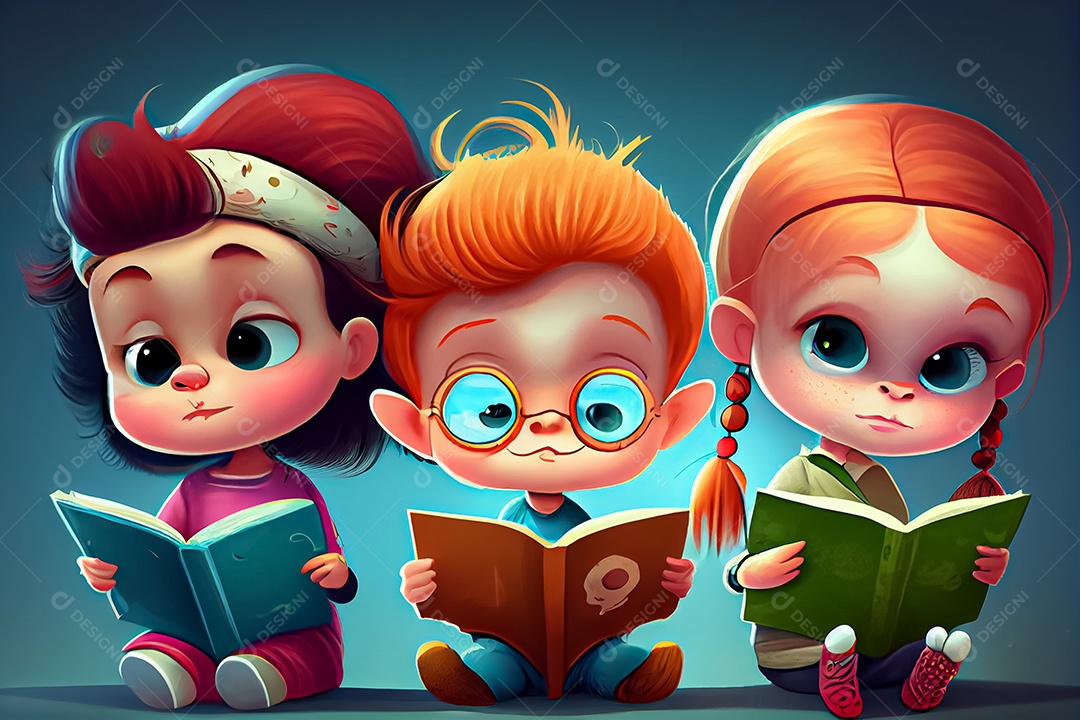 Criança de desenho animado lendo um livro na cama O Dia Mundial do Livro adora ler