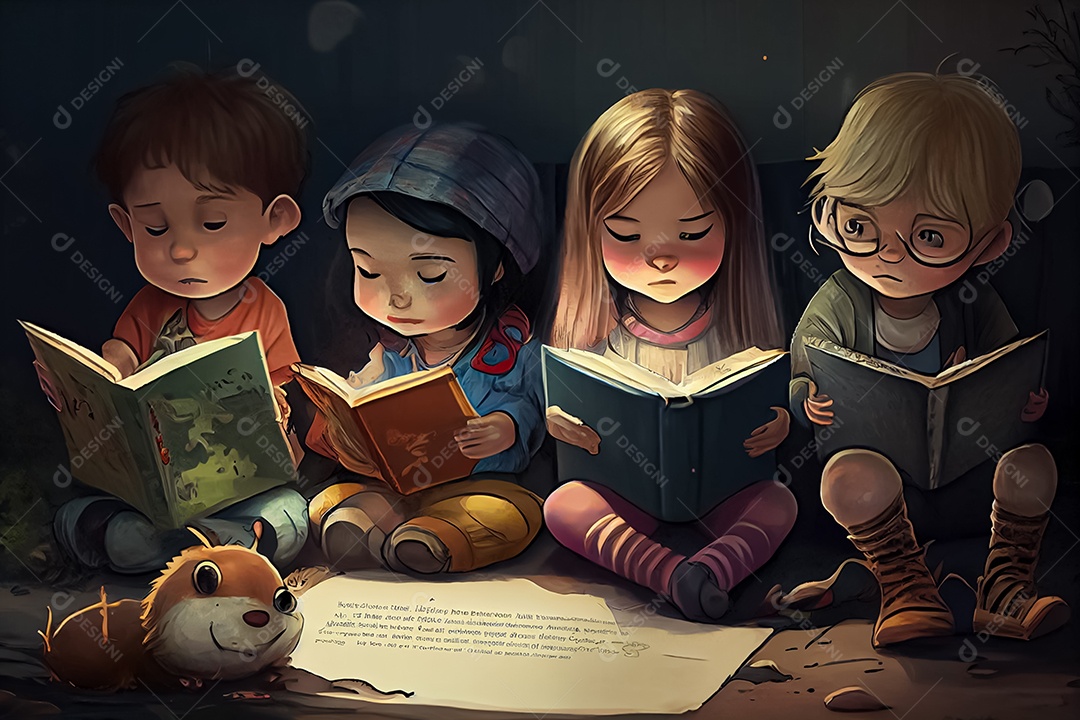 Criança de desenho animado lendo um livro na cama O Dia Mundial do Livro adora ler