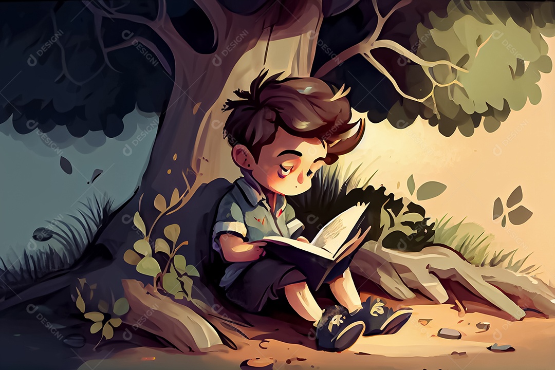 Criança de desenho animado lendo um livro na cama O Dia Mundial do Livro adora ler