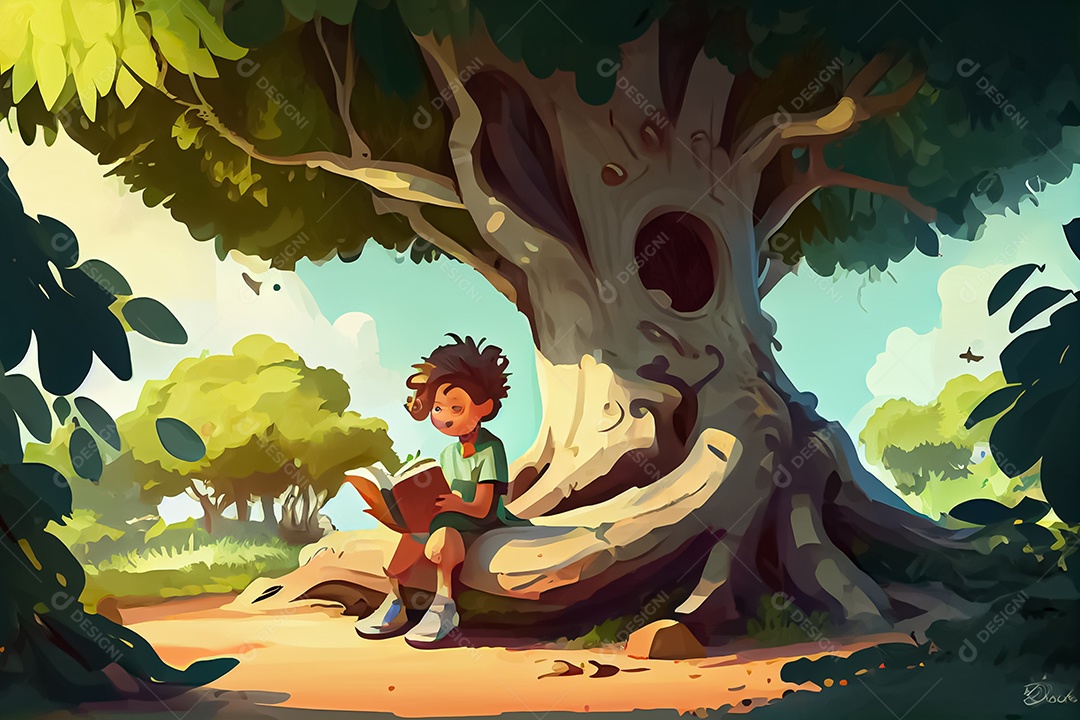 Criança de desenho animado lendo um livro na cama O Dia Mundial do Livro adora ler