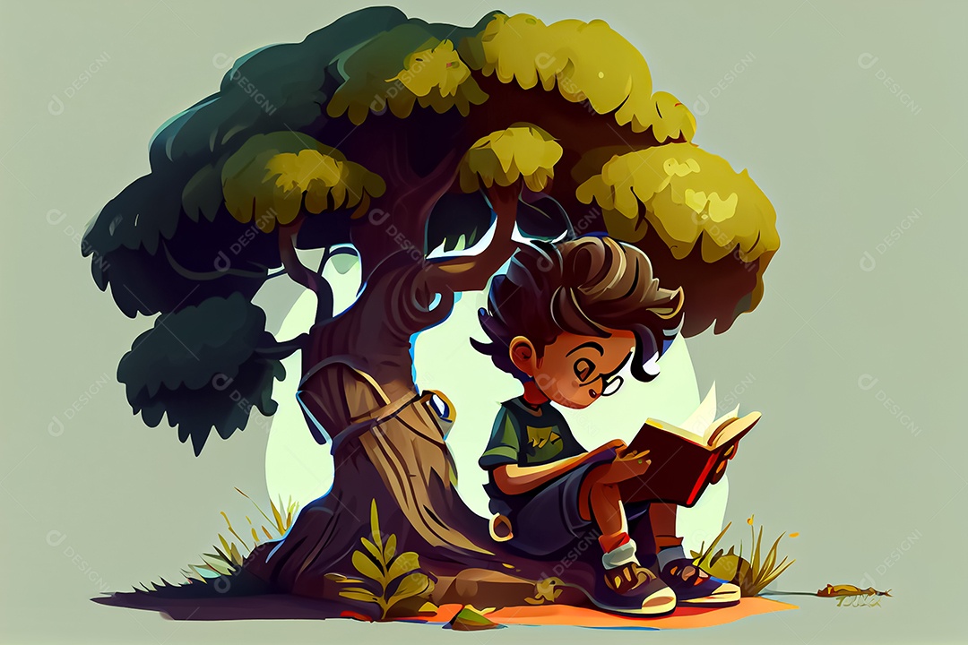 Criança de desenho animado lendo um livro na cama O Dia Mundial do Livro adora ler