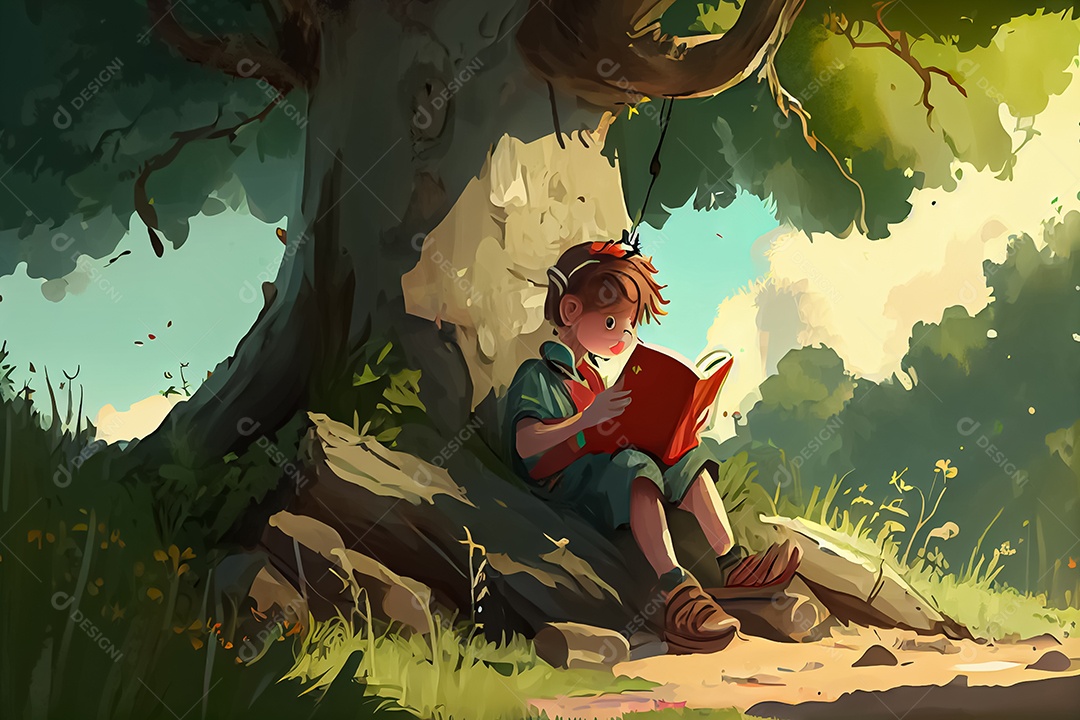 Criança de desenho animado lendo um livro na cama O Dia Mundial do Livro adora ler