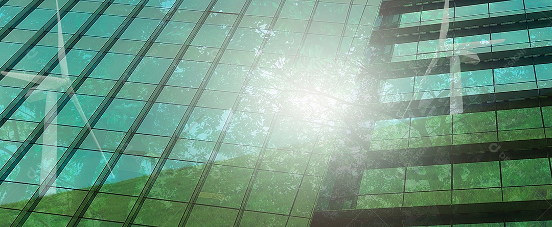 Edifícios sustentáveis ​​de vidro verde e energia eólica e árvore verde