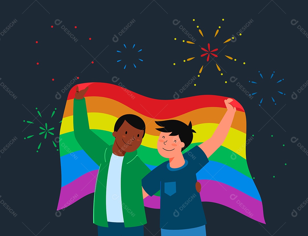 Casal de Gays Segurando a Bandeira do Arco íris Vetor EPS