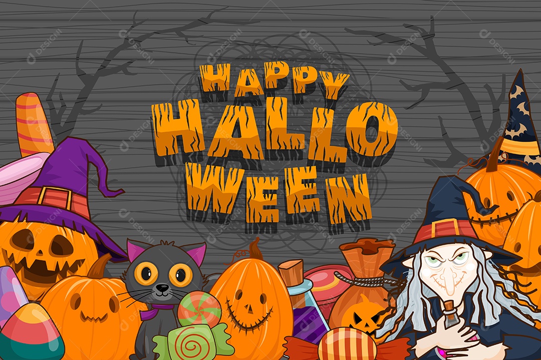 Banner Feliz Dia das Bruxas Doçura ou Travessura Ilustração Noite de Halloween Vetor EPS
