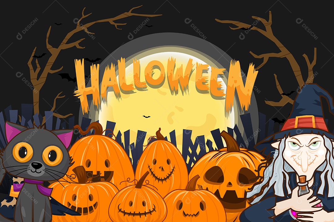 Banner Feliz Dia das Bruxas Doçura ou Travessura Ilustração Noite de Halloween Vetor EPS