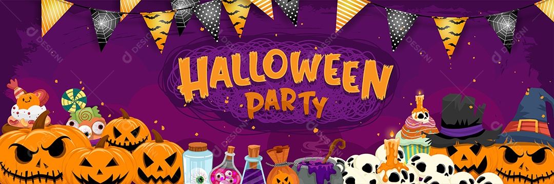 Banner Feliz Dia das Bruxas Doçura ou Travessura Ilustração Noite de Halloween Vetor EPS