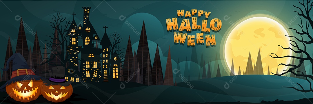 Banner Feliz Dia das Bruxas Doçura ou Travessura Ilustração Noite de Halloween Vetor EPS