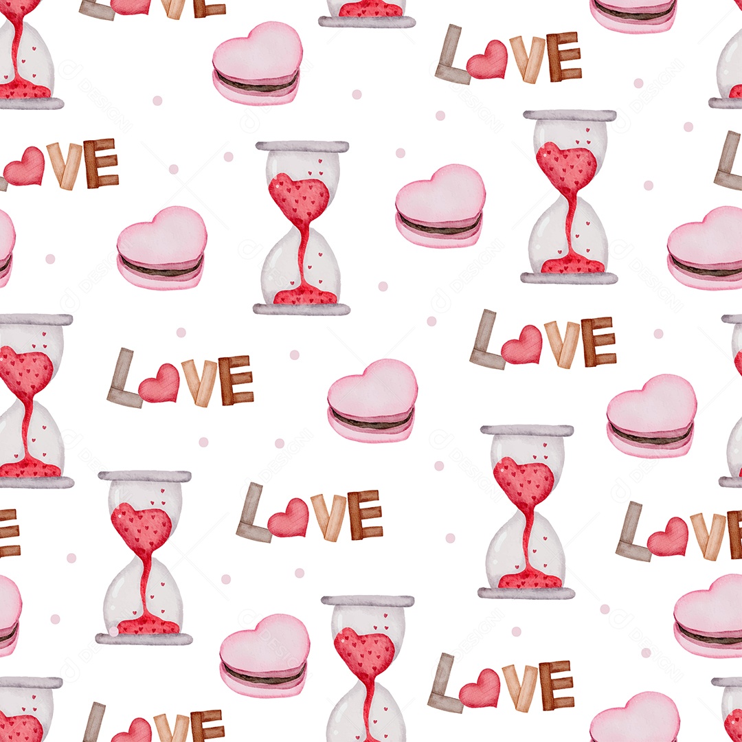 Padrão perfeito dos namorados com relógio de vidro, bolo Vetor EPS