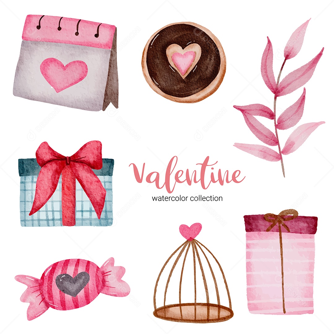 Calendário de elementos do Dia dos Namorados, presentes, folhas Vetor EPS