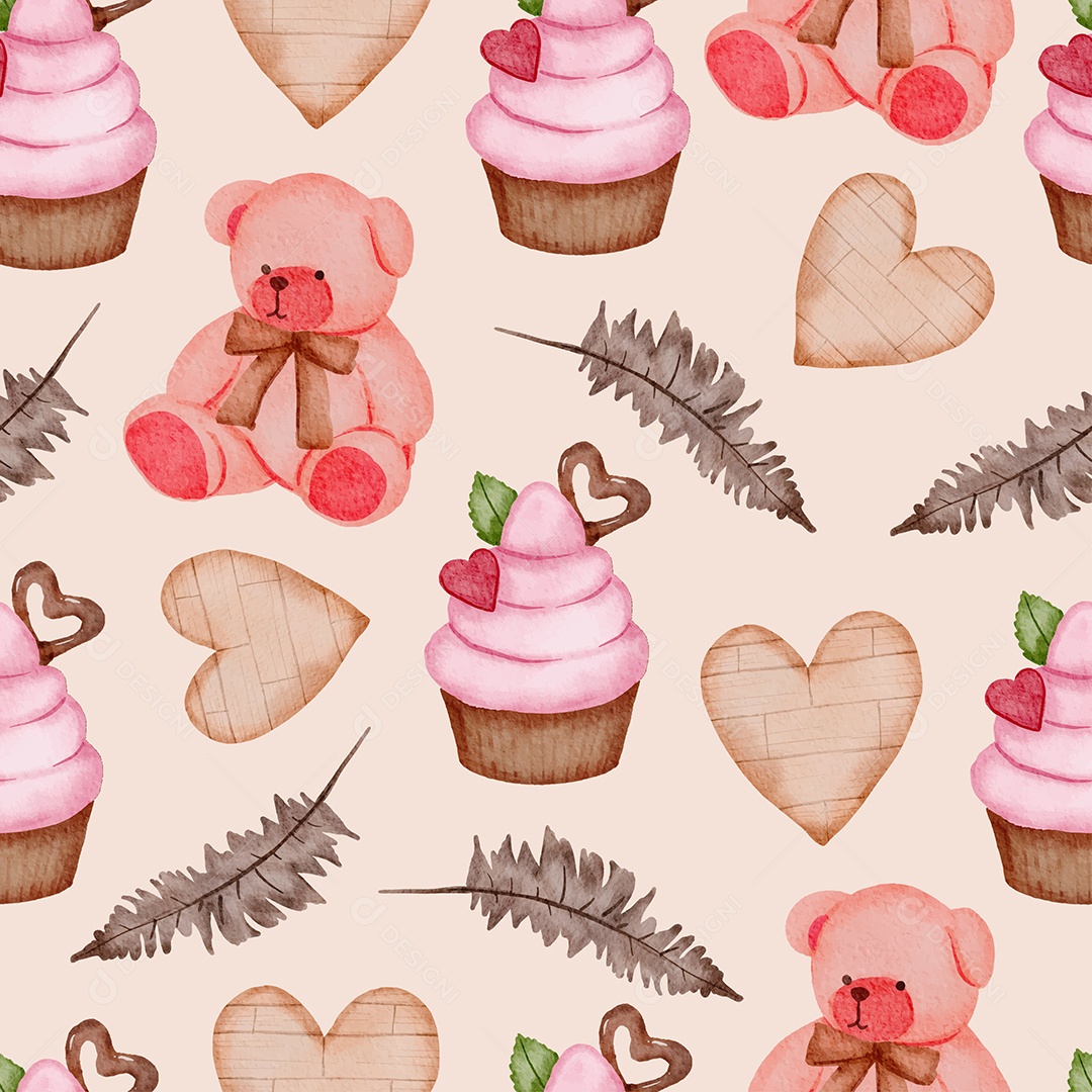 Padrão perfeito dos namorados com ursinho, cupcake, folhas Vetor EPS