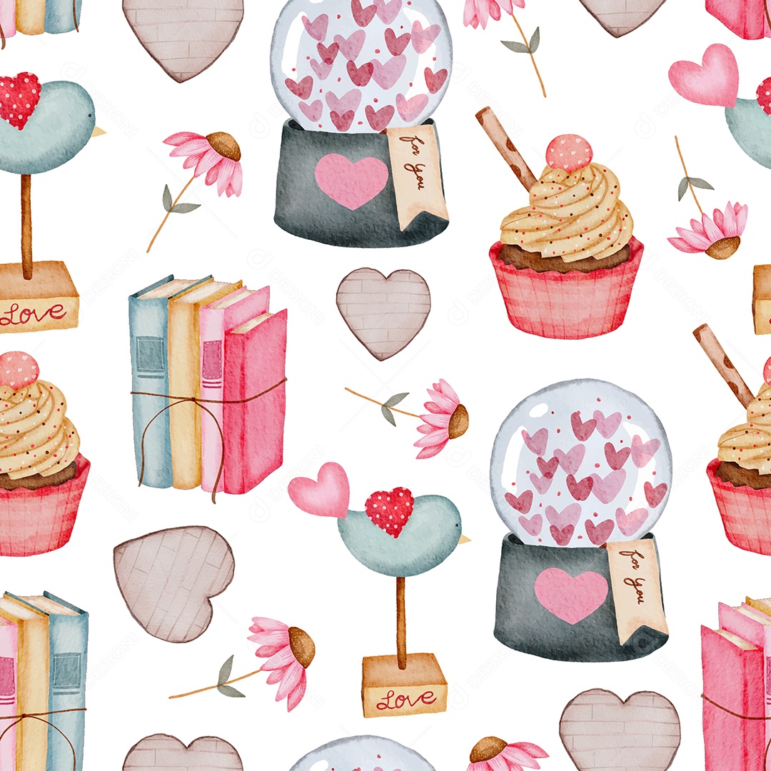 Padrão perfeito dos namorados com coração, livros de cupcake Vetor EPS