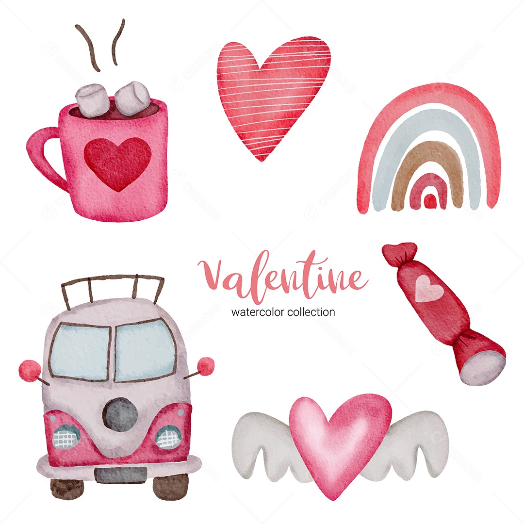 ia dos Namorados define elementos arco-íris, ônibus, chocolate Vetor EPS