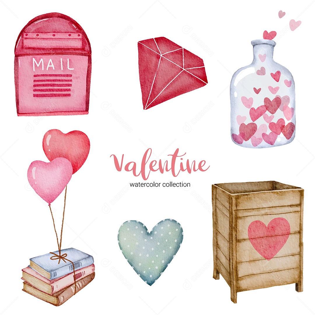 Dia dos Namorados define elementos coração, caixa de correio, livros Vetor EPS
