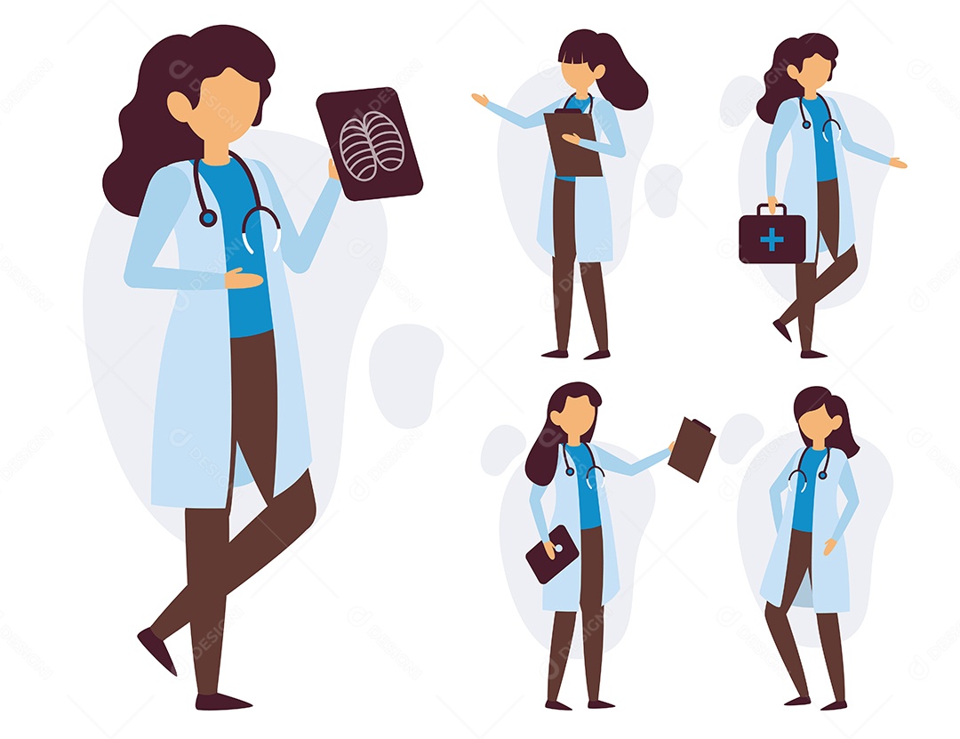 Conjunto de Mulher Médica em Diferentes Ações Em Personagens de Desenho Animado Vetor EPS