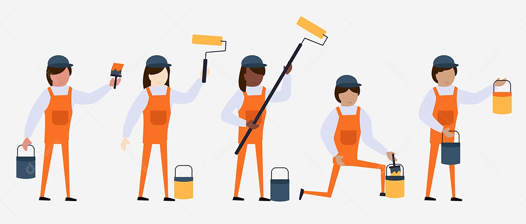 Coleção de Pintoras Femininas Segurando Rolos de Pintura Em Desenhos Animados Vetor EPS