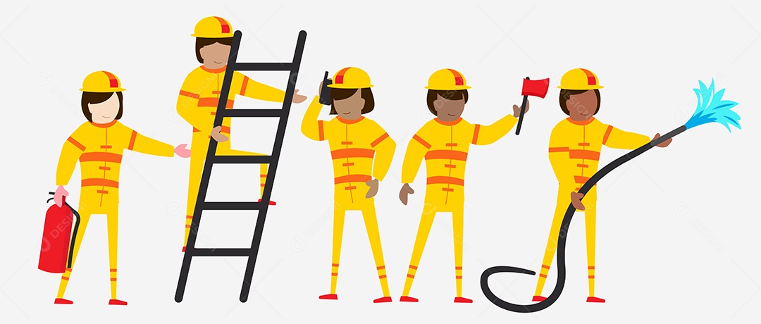 Conjunto de Pessoal de Bombeiros Femininos em Personagem de Desenho Animado com Ações Diferentes Vetor EPS