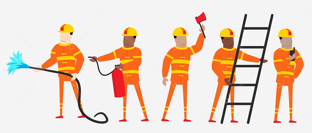 Conjunto de Pessoal de Bombeiros Masculino em Personagem de Desenho Animado com Ações Diferentes Vetor EPS