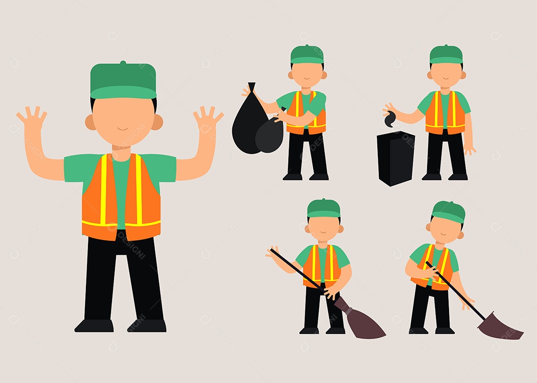 Conjunto de Homem de Limpeza ou Trabalhador Municipal em Desenho Animado com Ações Diferentes Vetor EPS