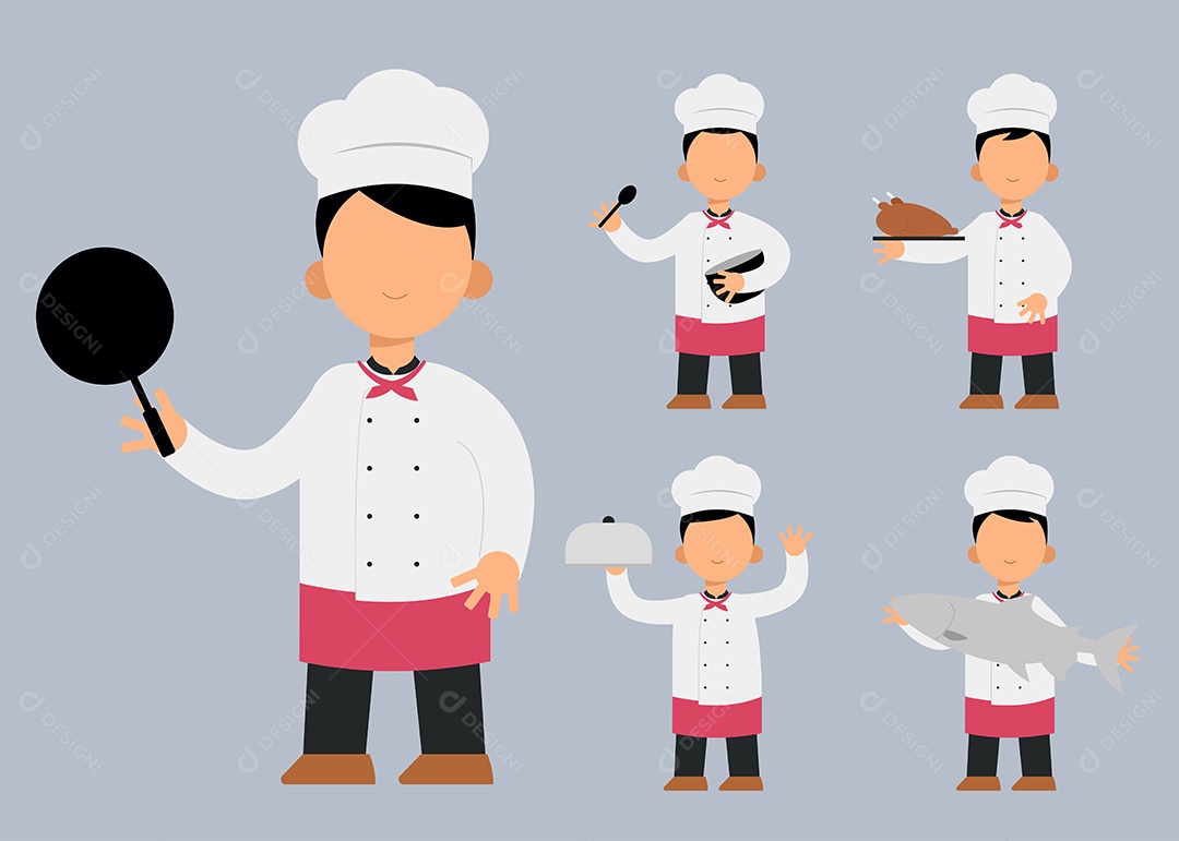 Conjunto de Chef Homem em Desenho Animado com Diferentes Ações Vetor EPS