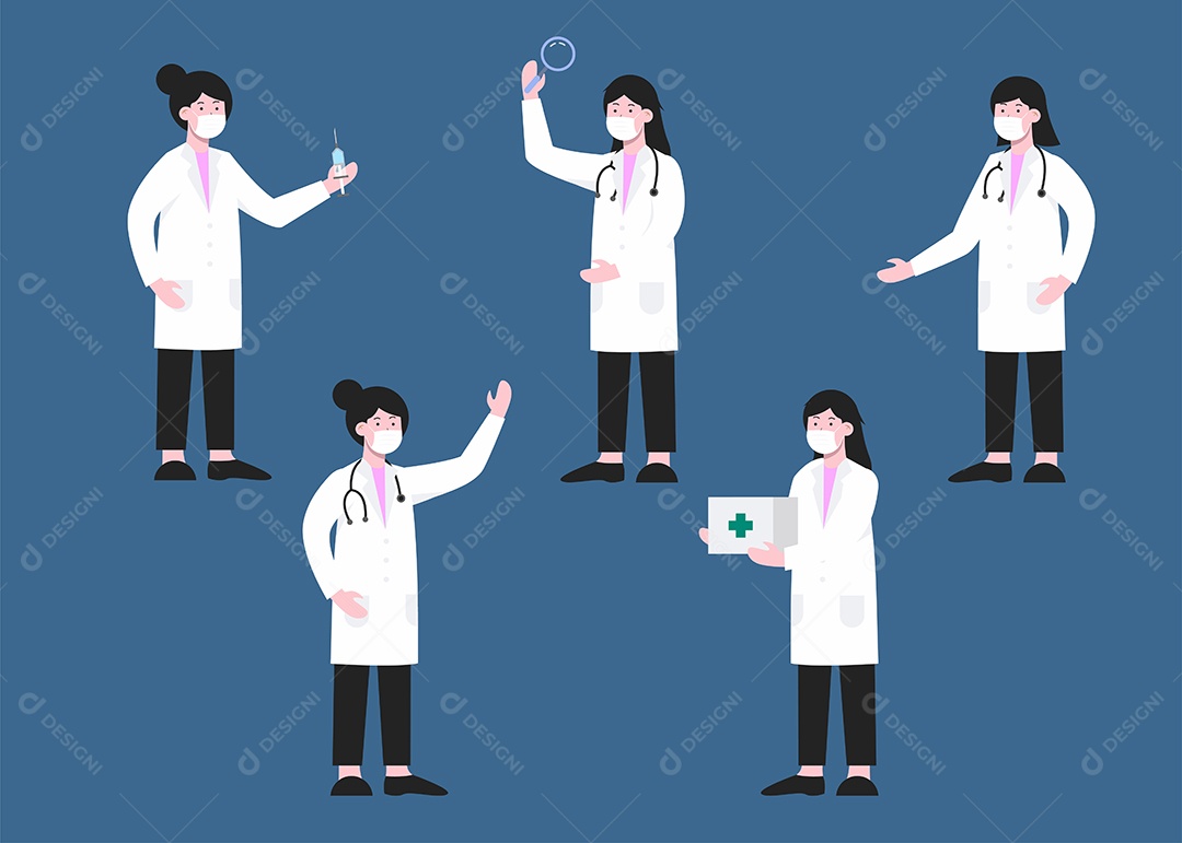 Conjunto de Mulher Médica em personagem de desenho animado com ações diferentes Vetor EPS