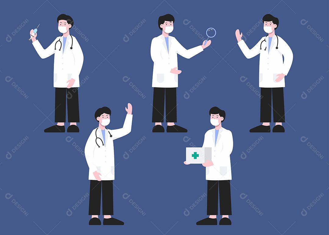 Conjunto de Homem Médico em Personagem de desenho animado com ações diferentes Vetor EPS