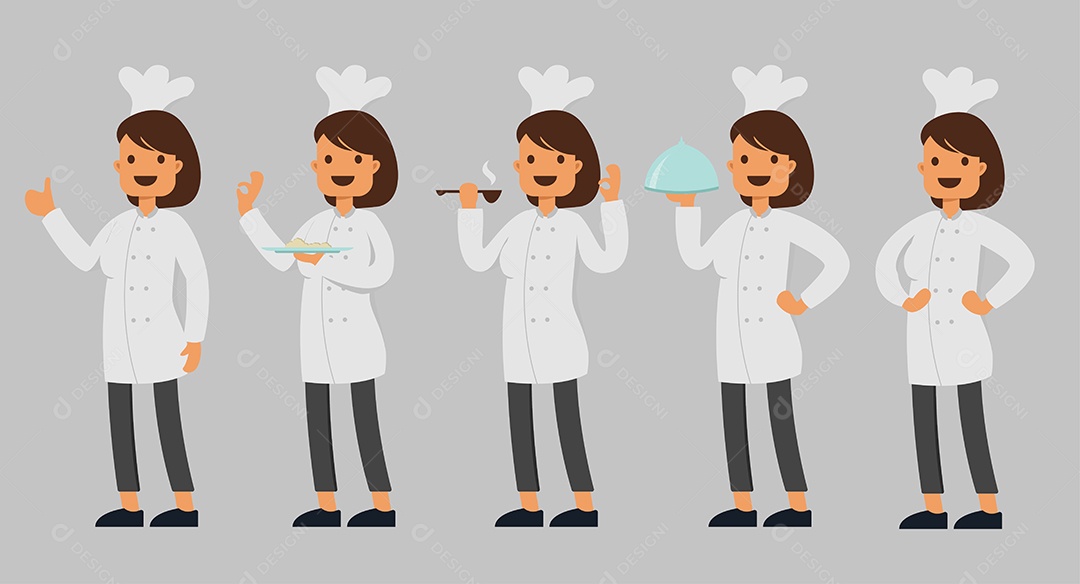 Conjunto de Chef Mulher em Desenho Animado com Diferentes Ações Vetor EPS