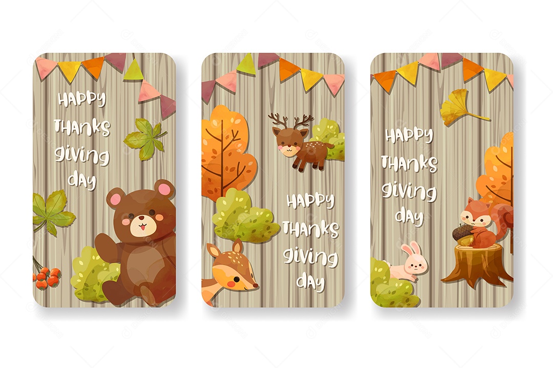 Cartão de Feliz dia de Ação de Graças com Vetores folha de Plátano e Animal Vetor EPS
