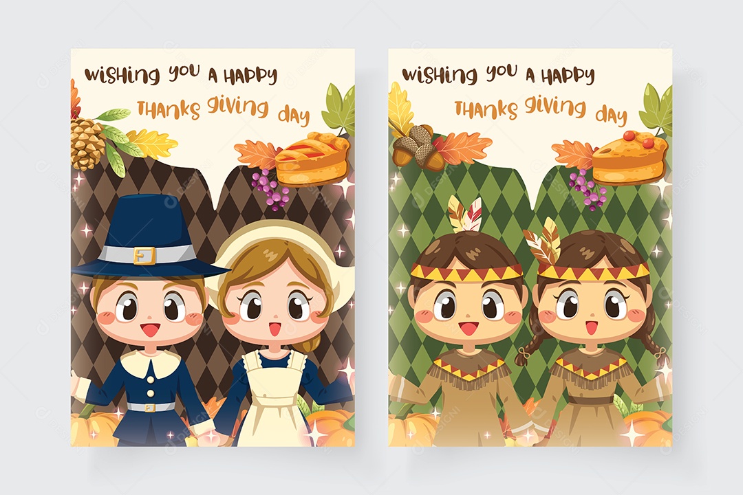 Cartão de Feliz Dia de Ação de Graças com Menino e Menina, peru Folha de Plátano e Abóbora Vetor EPS