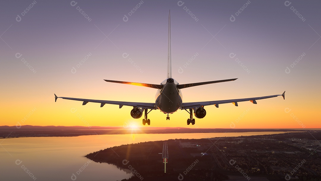 Avião comercial se prepara para pousar sobre o incrível pôr do sol