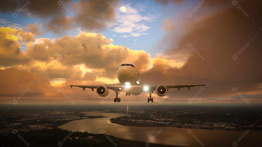 Avião comercial se prepara para pousar sobre o incrível pôr do sol