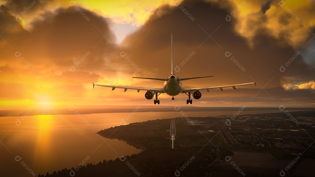 Avião comercial se prepara para pousar sobre o incrível pôr do sol