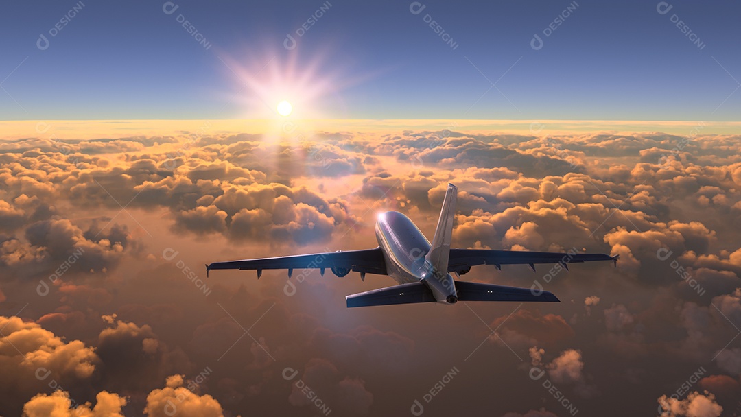 Avião comercial voando sobre as nuvens