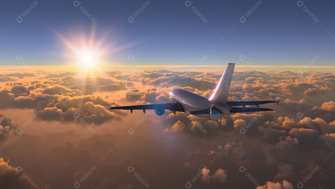 Avião comercial voando sobre as nuvens