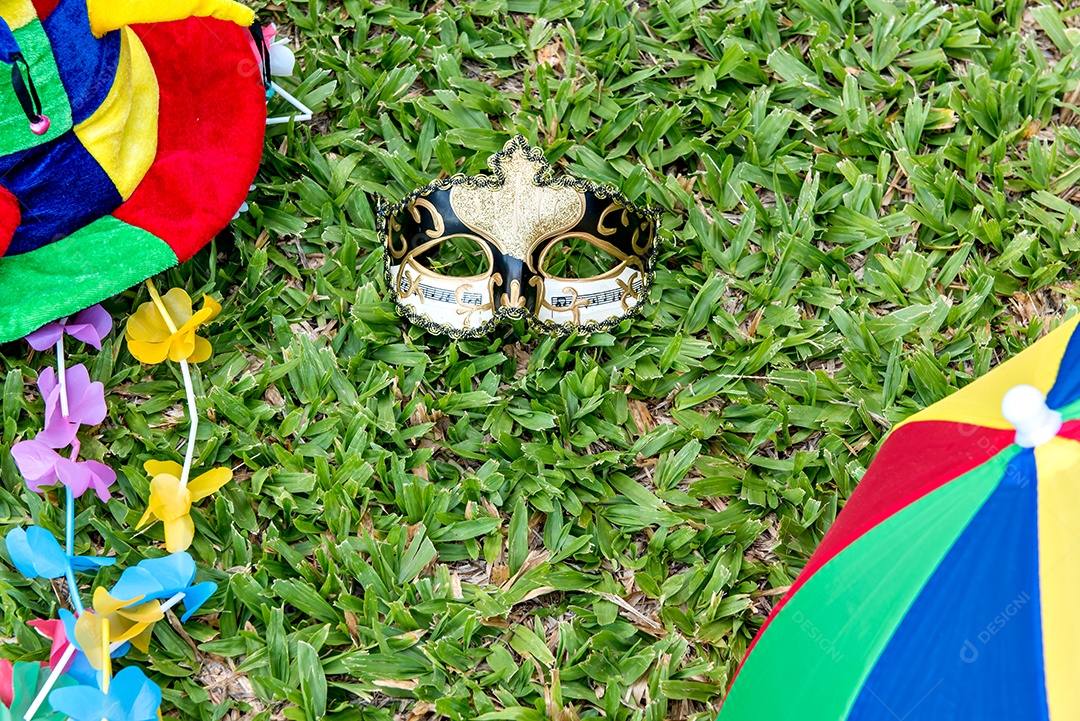 Artigos brasileiros do carnaval, parede colorida e verde no background