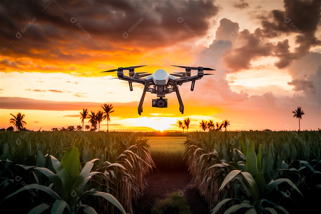 Drone voando monitorando plantação em fazenda inteligente. Agricultura moderna, tecnologia de varredura de terreno conceito de tecnologia inteligente.