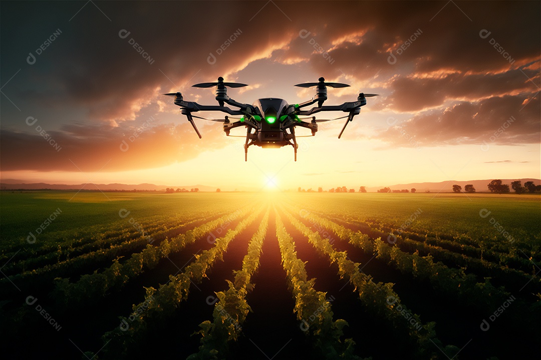 Drone voando monitorando plantação em fazenda inteligente. Agricultura moderna, tecnologia de varredura de terreno conceito de tecnologia inteligente.