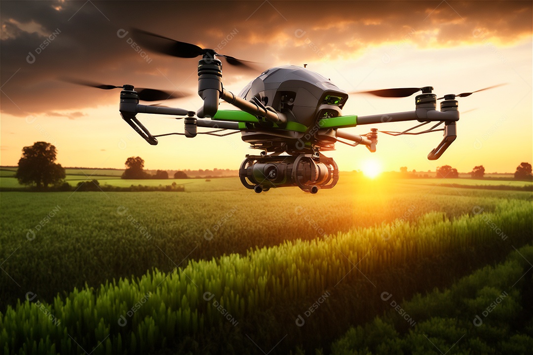 Drone voando monitorando plantação em fazenda inteligente. Agricultura moderna, tecnologia de varredura de terreno conceito de tecnologia inteligente.