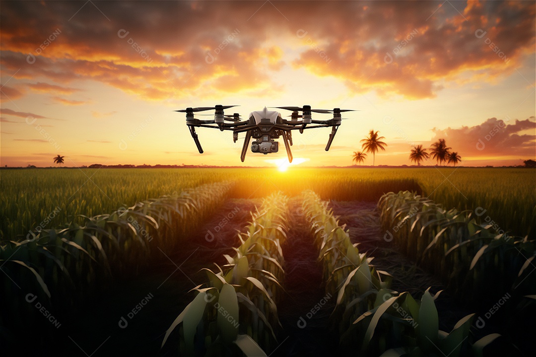 Drone voando monitorando plantação em fazenda inteligente. Agricultura moderna, tecnologia de varredura de terreno conceito de tecnologia inteligente.