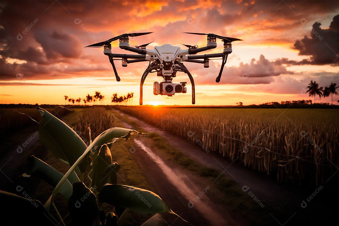 Drone voando monitorando plantação em fazenda inteligente. Agricultura moderna, tecnologia de varredura de terreno conceito de tecnologia inteligente.