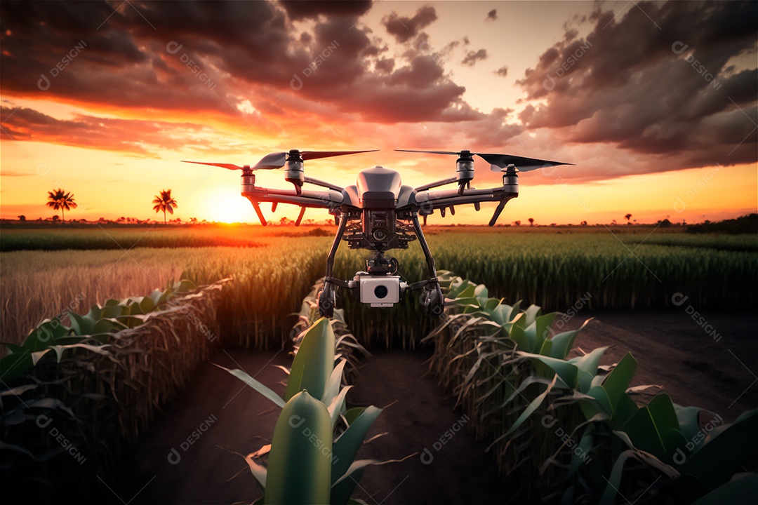 Drone voando monitorando plantação em fazenda inteligente. Agricultura moderna, tecnologia de varredura de terreno conceito de tecnologia inteligente.