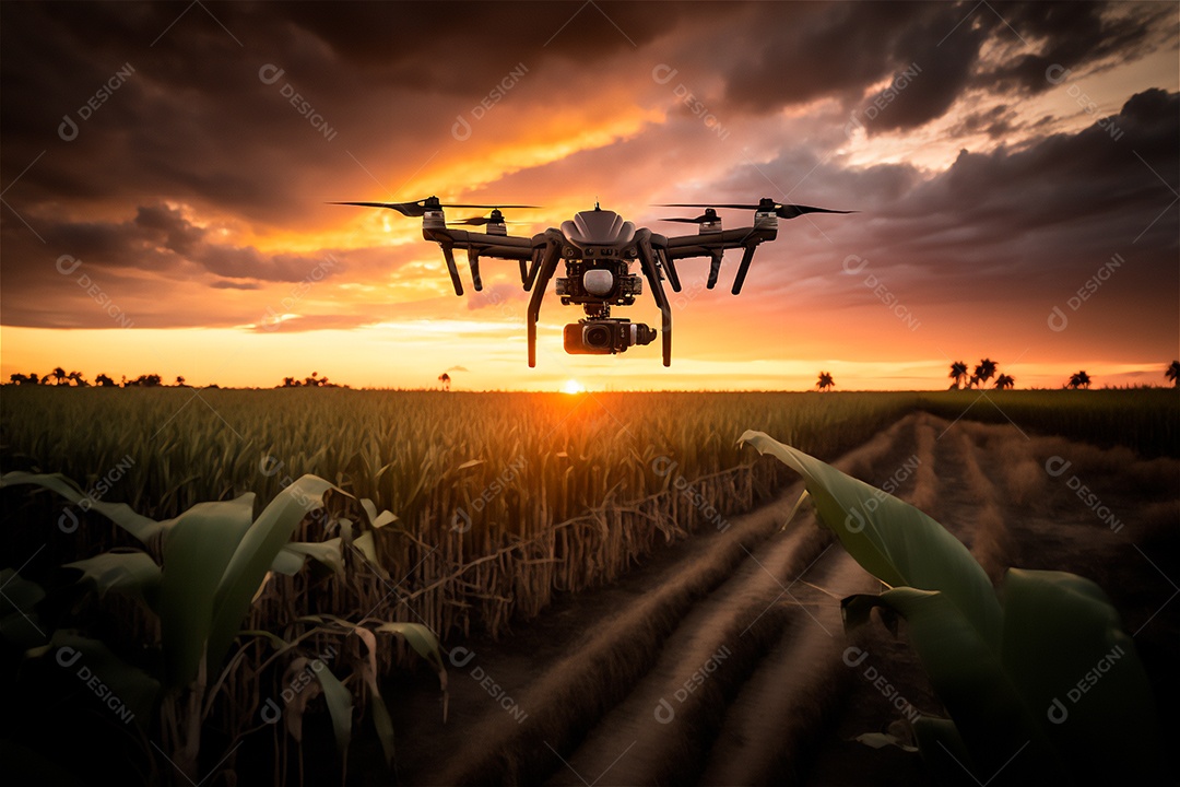 Drone voando monitorando plantação em fazenda inteligente. Agricultura moderna, tecnologia de varredura de terreno. conceito de tecnologia inteligente.