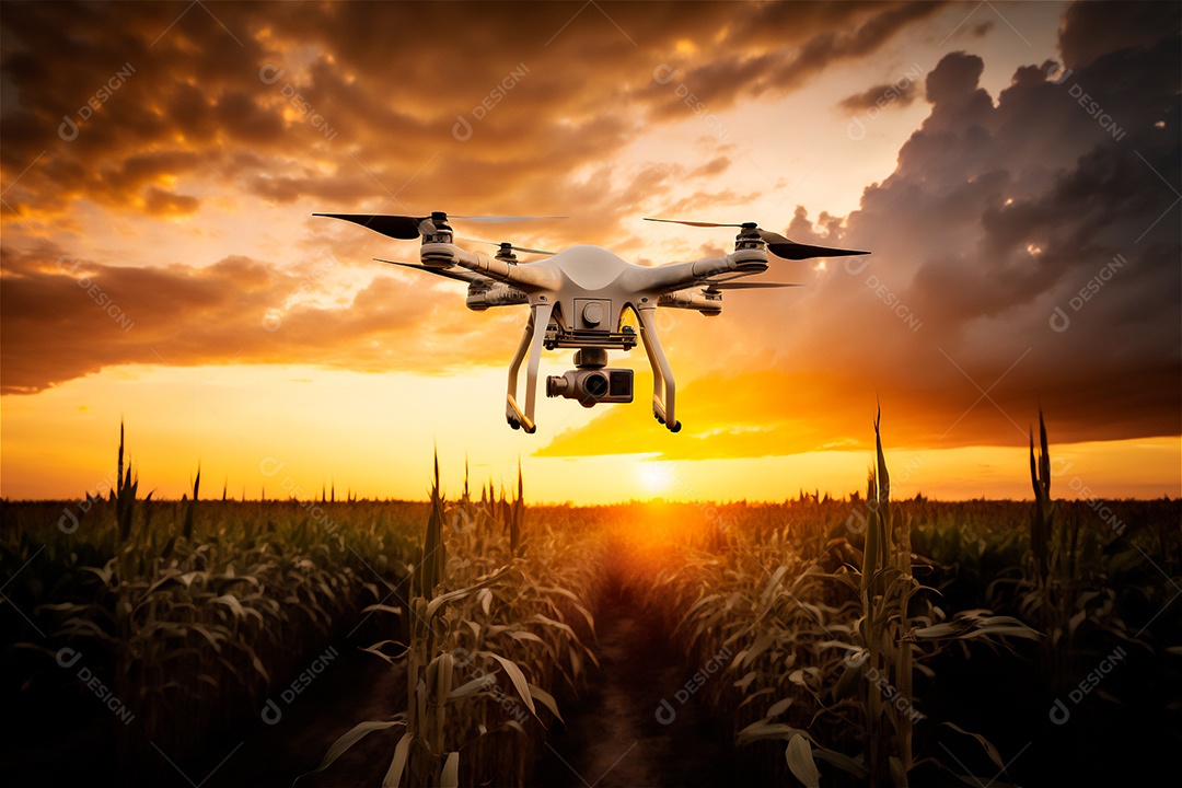 Drone voando monitorando plantação em fazenda inteligente. Agricultura moderna, tecnologia de varredura de terreno. conceito de tecnologia inteligente.