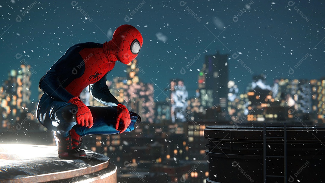 Homem-Aranha no telhado com ilustração 3D