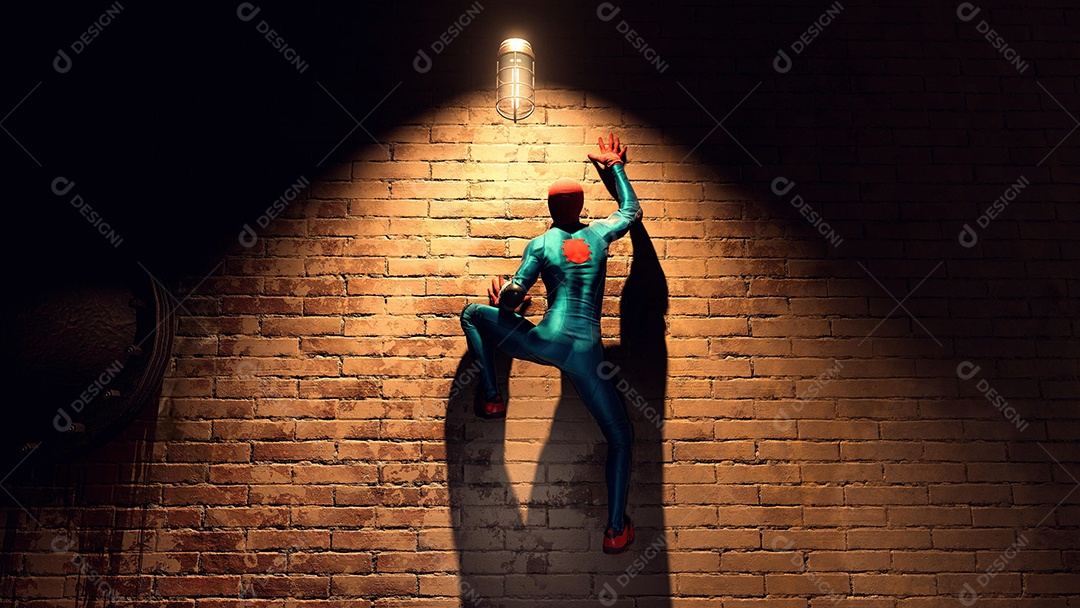 Homem-Aranha escalando a ilustração 3D da parede de tijolos
