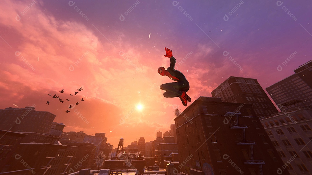 Homem-Aranha pulando no incrível pôr do sol na ilustração 3D