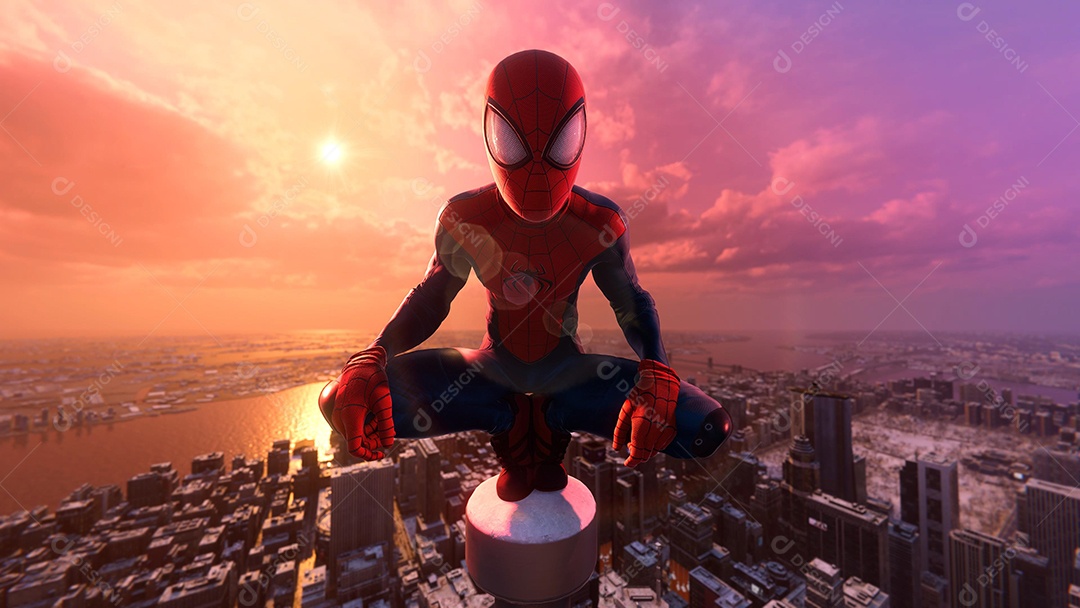 Homem-Aranha no topo de um telhado olhando para a ilustração 3D