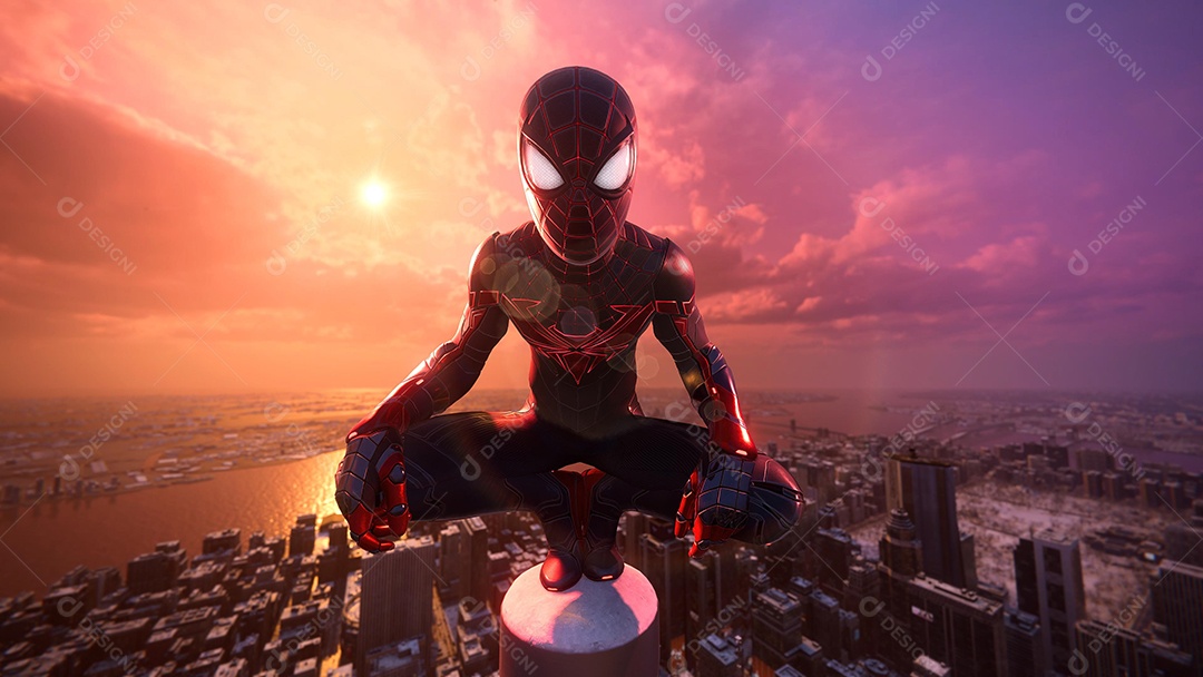 Homem-Aranha no topo de um telhado olhando para a ilustração 3D