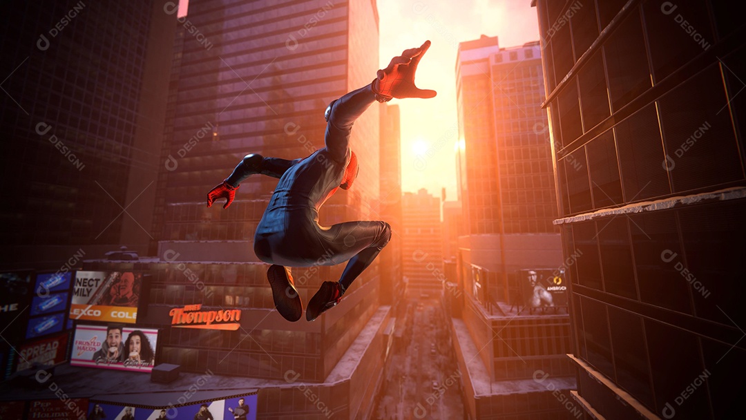 Homem-Aranha pulando na ilustração 3D da cidade de Nova York